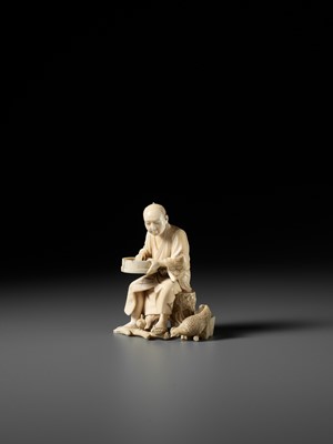 Lot 170 - SEIYO: AN IVORY OKIMONO OF A MAN FEEDING HIS CHICKENS