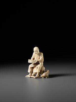 Lot 170 - SEIYO: AN IVORY OKIMONO OF A MAN FEEDING HIS CHICKENS