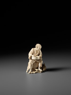 Lot 170 - SEIYO: AN IVORY OKIMONO OF A MAN FEEDING HIS CHICKENS