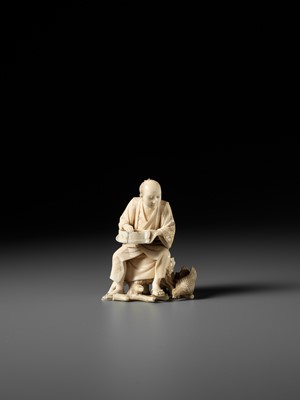 Lot 170 - SEIYO: AN IVORY OKIMONO OF A MAN FEEDING HIS CHICKENS