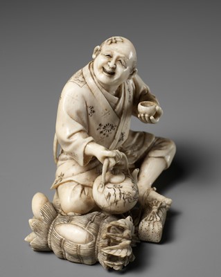 Lot 359 - SOZAN: AN IVORY OKIMONO OF A FARMER DRINKING TEA
