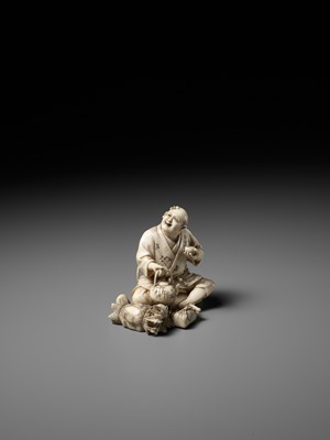 Lot 359 - SOZAN: AN IVORY OKIMONO OF A FARMER DRINKING TEA