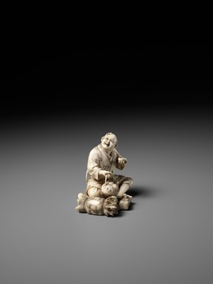 Lot 359 - SOZAN: AN IVORY OKIMONO OF A FARMER DRINKING TEA
