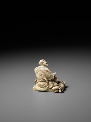Lot 359 - SOZAN: AN IVORY OKIMONO OF A FARMER DRINKING TEA