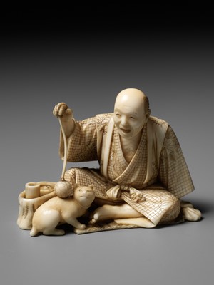 Lot 277 - SEIHO: AN IVORY OKIMONO OF A MAN AND HIS CAT