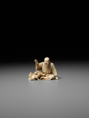 Lot 277 - SEIHO: AN IVORY OKIMONO OF A MAN AND HIS CAT