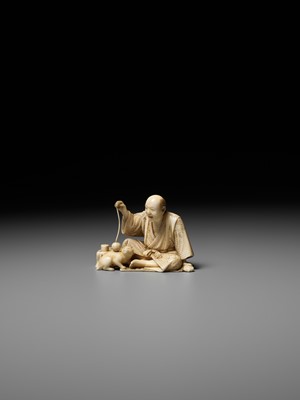 Lot 277 - SEIHO: AN IVORY OKIMONO OF A MAN AND HIS CAT