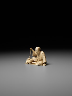 Lot 277 - SEIHO: AN IVORY OKIMONO OF A MAN AND HIS CAT