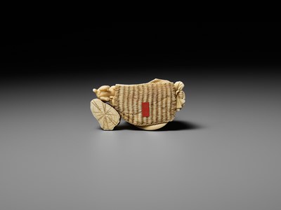 Lot 277 - SEIHO: AN IVORY OKIMONO OF A MAN AND HIS CAT