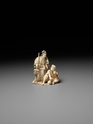 Lot 165 - KIKUMASA: A FINE IVORY OKIMONO OF A WOMAN SCOLDING A DRUNKARD