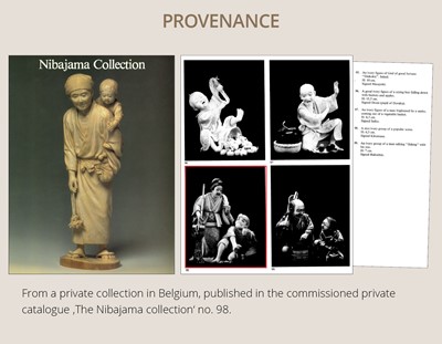 Lot 165 - KIKUMASA: A FINE IVORY OKIMONO OF A WOMAN SCOLDING A DRUNKARD
