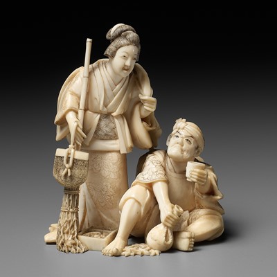 Lot 165 - KIKUMASA: A FINE IVORY OKIMONO OF A WOMAN SCOLDING A DRUNKARD