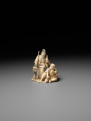 Lot 165 - KIKUMASA: A FINE IVORY OKIMONO OF A WOMAN SCOLDING A DRUNKARD
