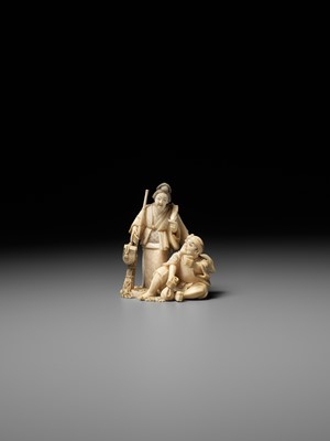 Lot 165 - KIKUMASA: A FINE IVORY OKIMONO OF A WOMAN SCOLDING A DRUNKARD
