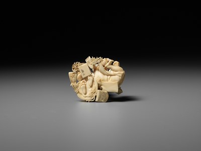 Lot 165 - KIKUMASA: A FINE IVORY OKIMONO OF A WOMAN SCOLDING A DRUNKARD