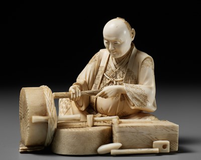 Lot 276 - BISEI: AN IVORY OKIMONO DEPICTING A MILLER AT WORK