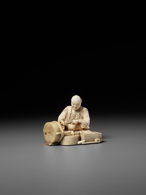 Lot 276 - BISEI: AN IVORY OKIMONO DEPICTING A MILLER AT WORK