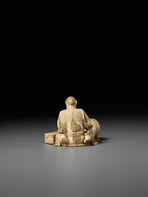Lot 276 - BISEI: AN IVORY OKIMONO DEPICTING A MILLER AT WORK