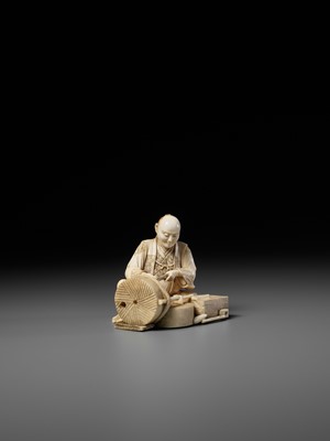 Lot 276 - BISEI: AN IVORY OKIMONO DEPICTING A MILLER AT WORK