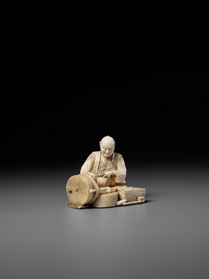 Lot 276 - BISEI: AN IVORY OKIMONO DEPICTING A MILLER AT WORK