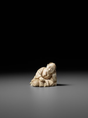 Lot 278 - SOJUN: AN AMUSING IVORY OKIMONO OF A SLEEPING SCHOLAR
