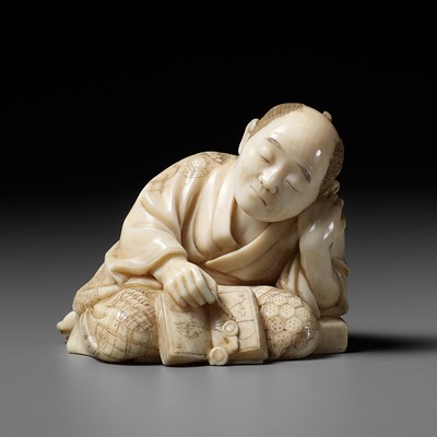 Lot 278 - SOJUN: AN AMUSING IVORY OKIMONO OF A SLEEPING SCHOLAR