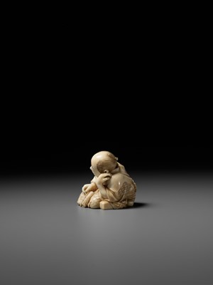 Lot 278 - SOJUN: AN AMUSING IVORY OKIMONO OF A SLEEPING SCHOLAR