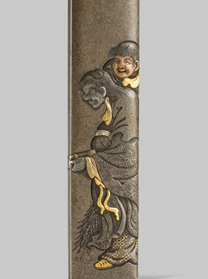 Lot 307 - HAMANO YASUYUKI: A FINE HAMANO SCHOOL SHIBUICHI KOZUKA DEPICTING KANZAN AND JITTOKU ON A MOONLIT NIGHT