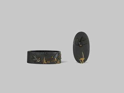 Lot 313 - ISHIGURO MASAMORI: A FINE ISHIGURO SCHOOL SHAKUDO FUCHI AND KASHIRA DEPICTING SWALLOWS ON A RIVERBANK