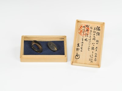 Lot 313 - ISHIGURO MASAMORI: A FINE ISHIGURO SCHOOL SHAKUDO FUCHI AND KASHIRA DEPICTING SWALLOWS ON A RIVERBANK