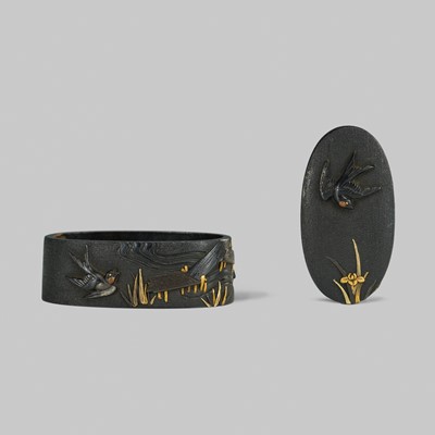 Lot 313 - ISHIGURO MASAMORI: A FINE ISHIGURO SCHOOL SHAKUDO FUCHI AND KASHIRA DEPICTING SWALLOWS ON A RIVERBANK