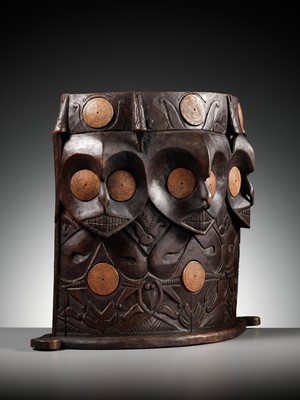 Lot 212 - A BAMBOO-INLAID WOOD ‘UDOK’ DAYAK BABY CARRIER, BAHAU, BORNEO, LATE 19TH TO EARLY 20TH CENTURY