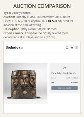 Lot 212 - A BAMBOO-INLAID WOOD ‘UDOK’ DAYAK BABY CARRIER, BAHAU, BORNEO, LATE 19TH TO EARLY 20TH CENTURY