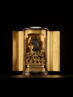 Lot 69 - A GILT AND LACQUERED WOOD ZUSHI (PORTABLE SHRINE) CONTAINING A LACQUERED WOOD FIGURE OF BISHAMONTEN, EDO