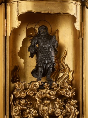 Lot 69 - A GILT AND LACQUERED WOOD ZUSHI (PORTABLE SHRINE) CONTAINING A LACQUERED WOOD FIGURE OF BISHAMONTEN, EDO