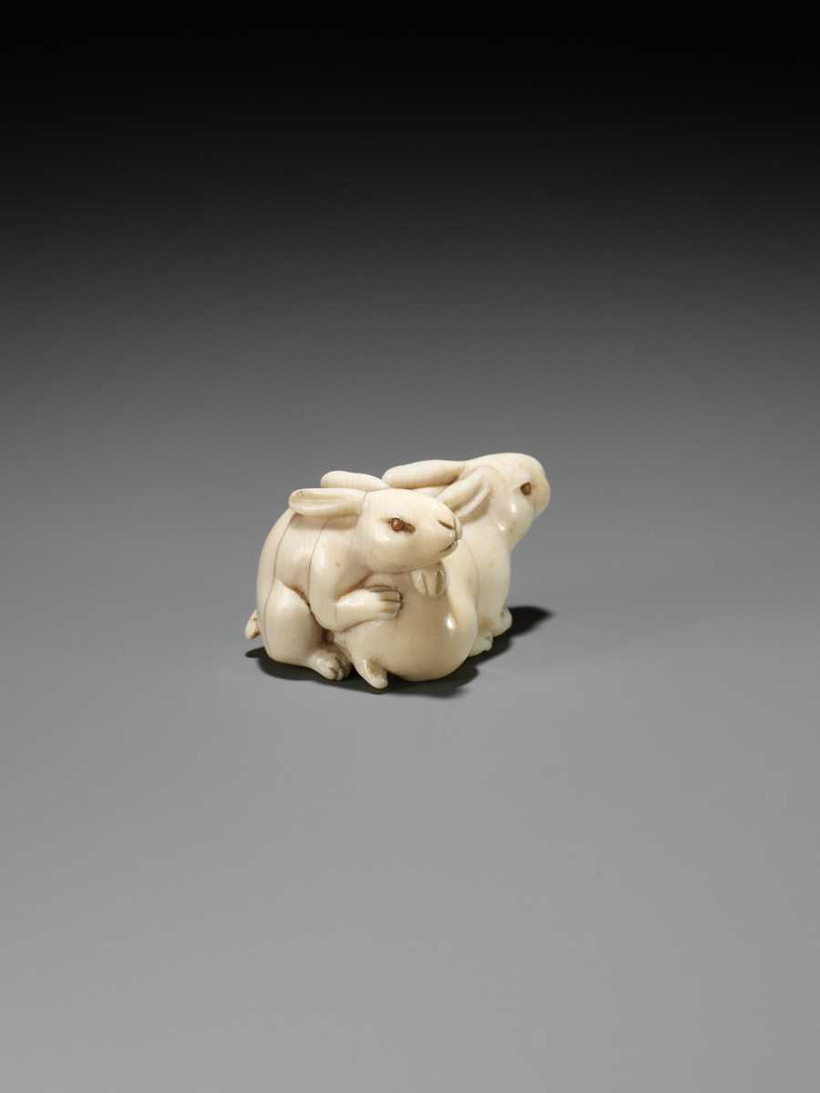 Lot 131 - A FINE IVORY NETSUKE DEPICTING TWO RABBITS