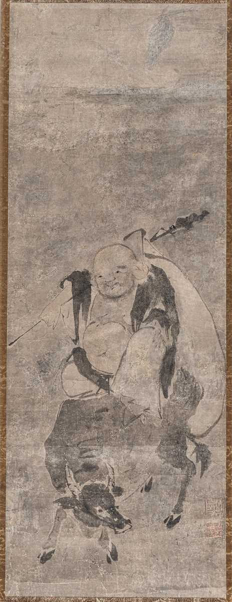Lot 600 - A KAKEMONO OF HOTEI RIDING A WATERBUFFALO