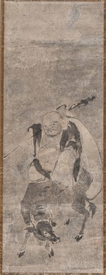 Lot 2069 - A KAKEMONO OF HOTEI RIDING A WATERBUFFALO