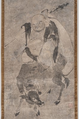 Lot 600 - A KAKEMONO OF HOTEI RIDING A WATERBUFFALO
