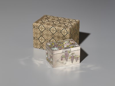Lot 118 - SANSO: A SUPERB CLOISONNÉ ENAMEL DECORATED SILVER BOX AND COVER