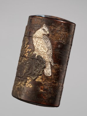 Lot 28 - A FINE RITSUO-STYLE STITCHED CHERRY-BARK AND CERAMIC-INLAID THREE-CASE LACQUER INRO WITH A HAWK AND SPARROW