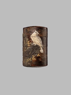 Lot 28 - A FINE RITSUO-STYLE STITCHED CHERRY-BARK AND CERAMIC-INLAID THREE-CASE LACQUER INRO WITH A HAWK AND SPARROW