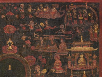 Lot 23 - A THANGKA OF AMITHABA IN SUKHAVATI HEAVEN, TIBET, 16TH CENTURY