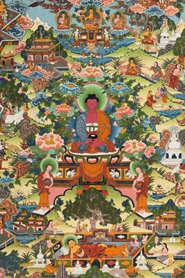 Lot 1120 - A LARGE THANGKA DEPICTING AMITABHA WITH SCENES FROM THE LIFE AND DEATH OF BUDDHA, 20TH CENTURY