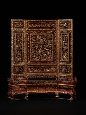 Lot 86 - A LARGE RED-LACQUERED AND GILT WOOD SCREEN, DATED 1836 BY INSCRIPTION