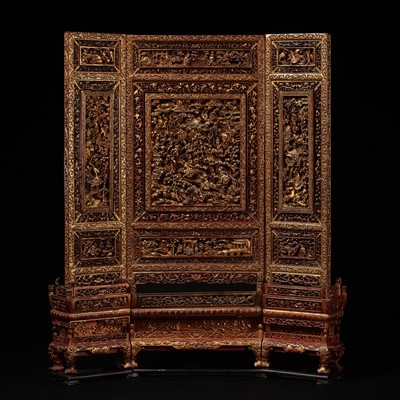 Lot 86 - A LARGE RED-LACQUERED AND GILT WOOD SCREEN, DATED 1836 BY INSCRIPTION