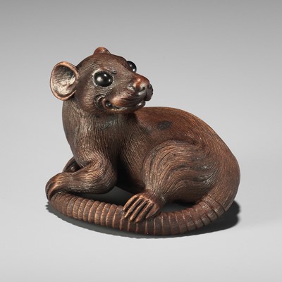 Lot 265 - VADYM PYVOVAR: A TEAK WOOD NETSUKE OF A RAT