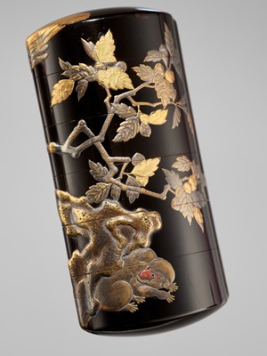 Lot 39 - A FINE FIVE-CASE LACQUER INRO DEPICTING AN EAGLE AND MONKEY
