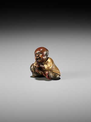 Lot 329 - A TOKYO SCHOOL INLAID WOOD AND LACQUER NETSUKE OF A BOY