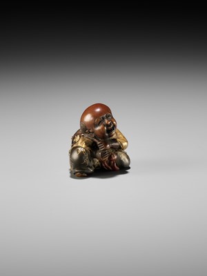 Lot 329 - A TOKYO SCHOOL INLAID WOOD AND LACQUER NETSUKE OF A BOY